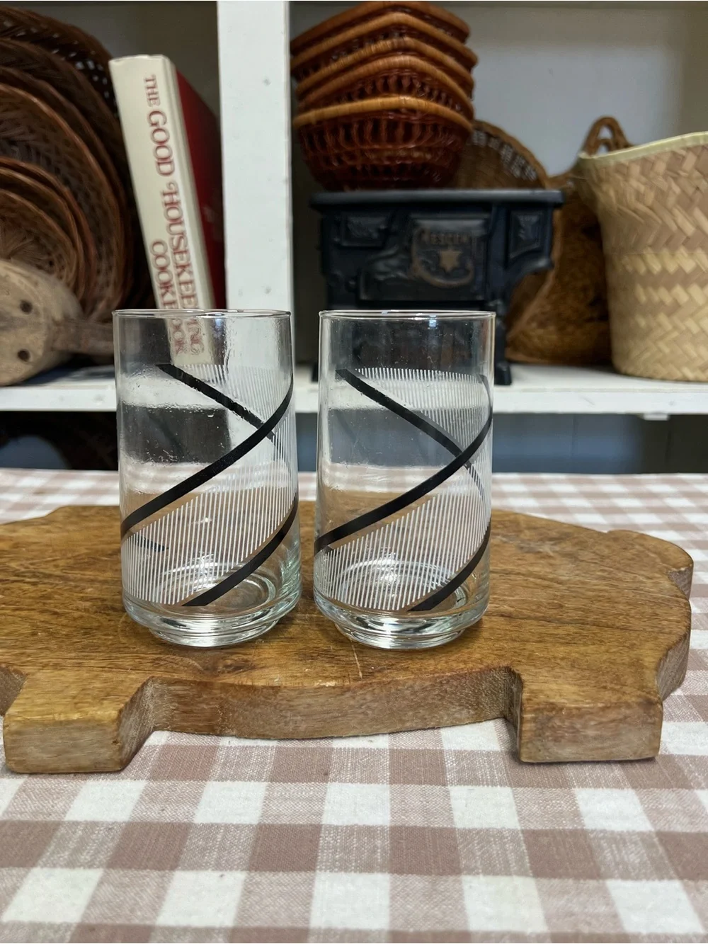 Vintage glass tumblers black and white retro decor replacement